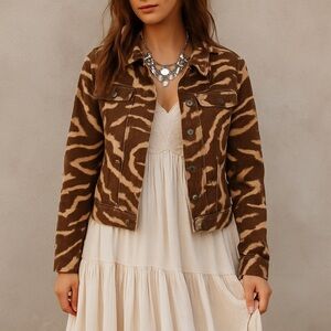 Lauren Jeans Co. Brown & Tan Animal Print Denim Jacket Western Safari Size M